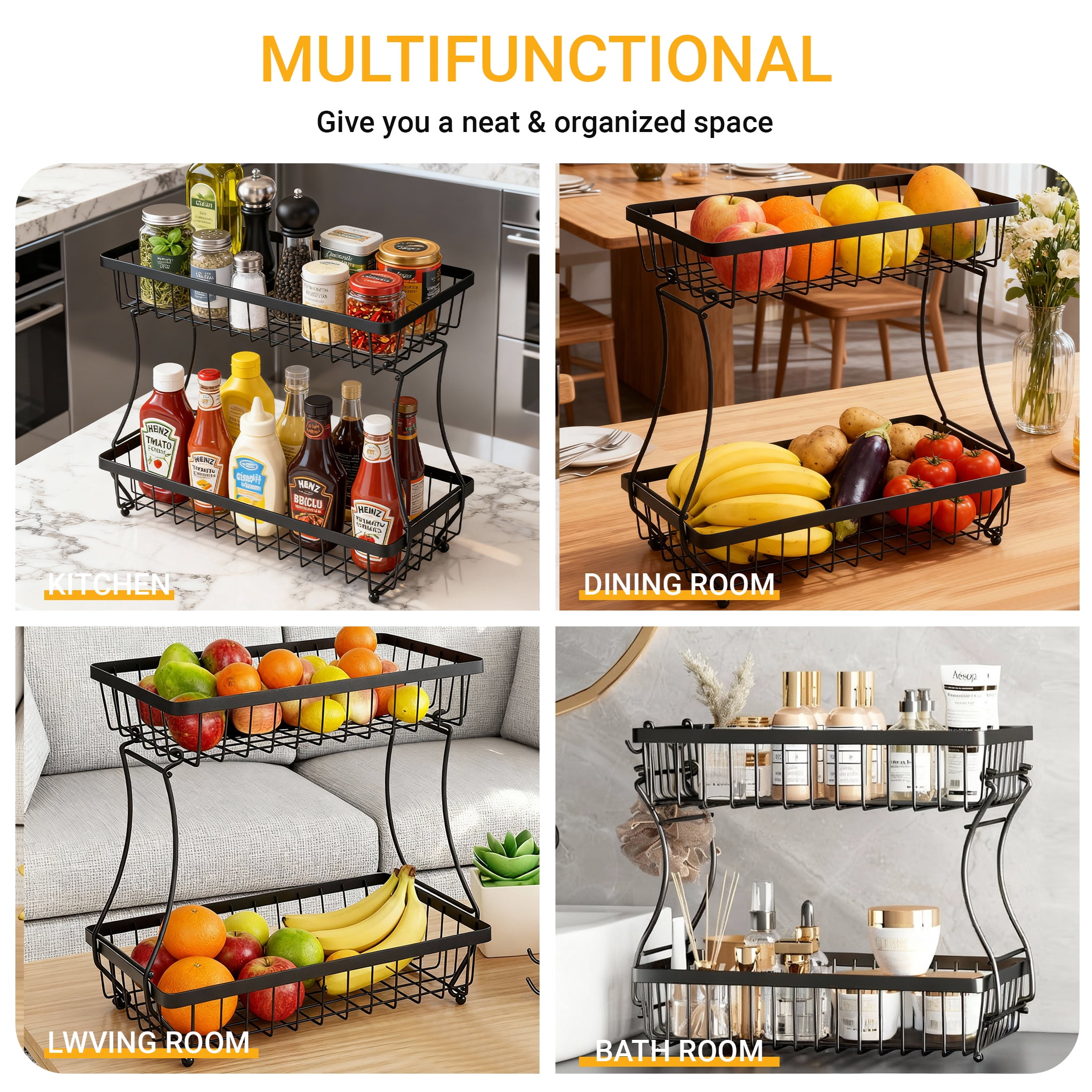 CISILOV 2 Tier Fruit Basket for Kitchen Counter, Detachable Metal Wire Fruit Vegetable Storage Basket, Countertop Produce Organizer with 2 Banana Hangers, Black