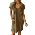 thumbnail image 1 of Robes pour Femmes Robe Décontractée Ample à Manches Courtes, Col en V, Unie, avec Poches, Mini, 1 of 1