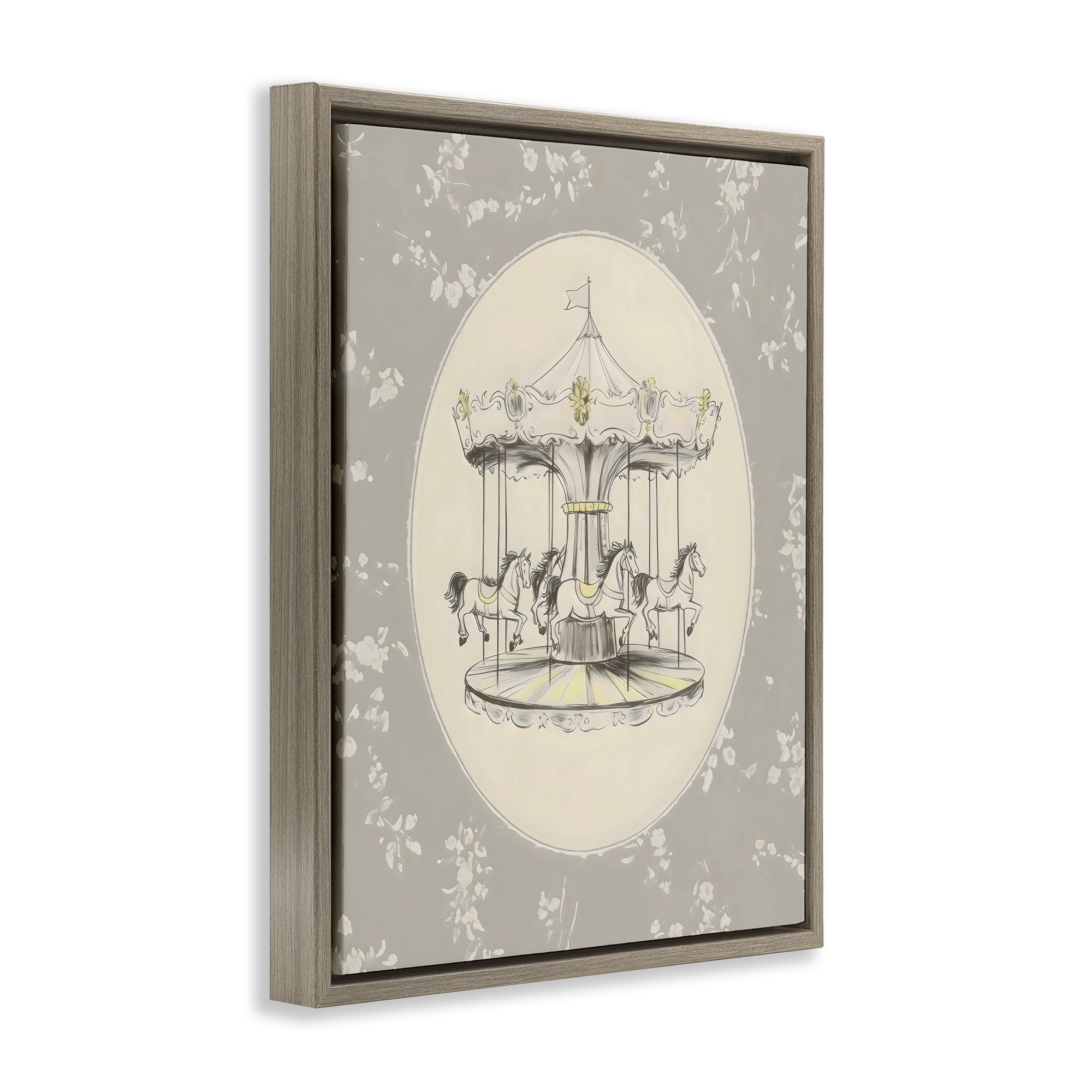 Stupell Industries Gentle Floral Carousel Brown Framed Floater Canvas Wall Art, design by Arlington Prints