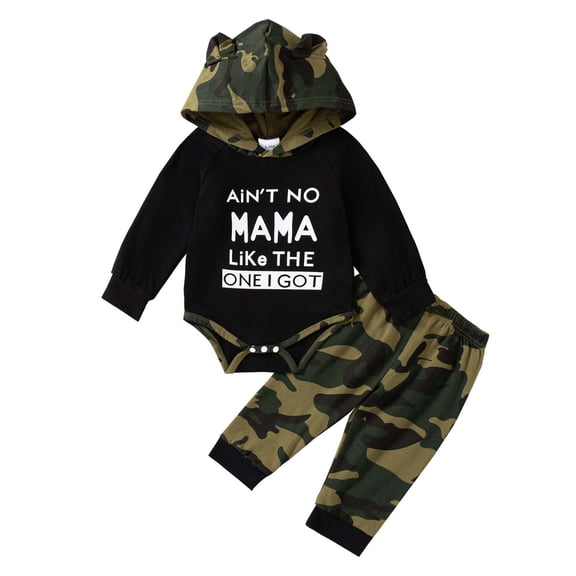 KIMI BEAR Newborn Baby Boys Winter Clothes Set 3-6 Months Casual Outfits Long Sleeves Letter Print Hooded Romper Top Camouflage Pants Sets 2pcs Warm Clothing Green