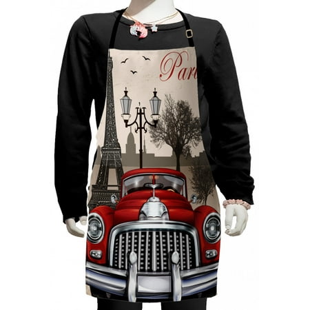 

Retro Kids Apron European Parisian City Scenery with Old Auto Mousque and Eiffel Silhouette Art Boys Girls Apron Bib with Adjustable Ties for Cooking Baking Painting Red Cream Grey by Ambesonne