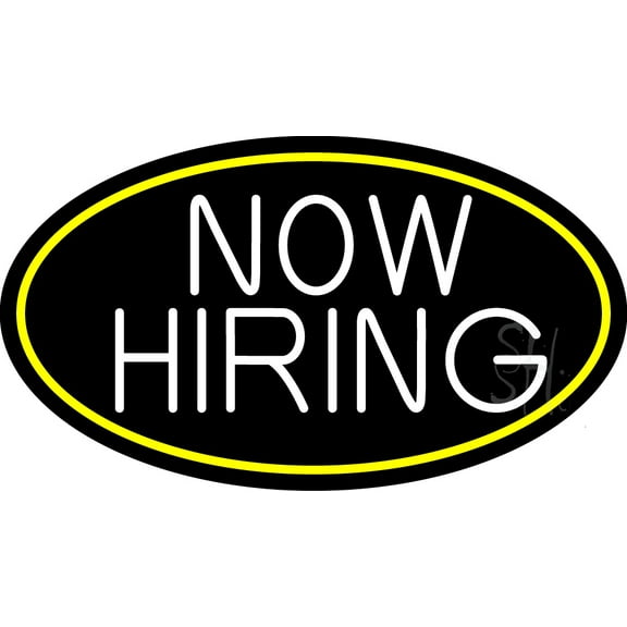 Now Hiring Bar Oval With Yellow Border LED Neon Sign 13 x 24 - inches, Clear Edge Cut Acrylic Backing, with Dimmer - Bright and Premium built indoor LED Neon Sign for Bar decor.