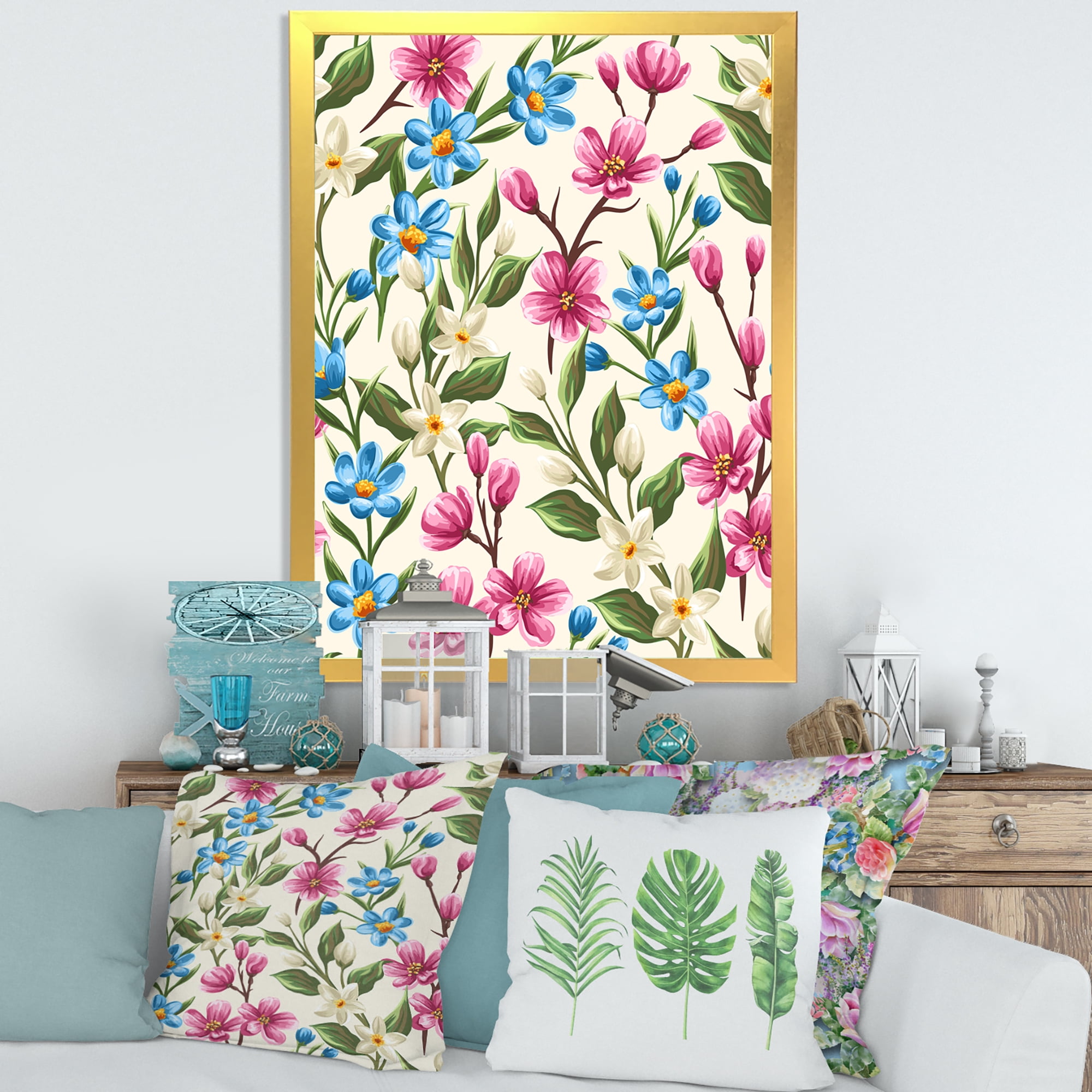 Designart 'Vintage Blue and Pink Wildflowers' Traditional Framed Art Print