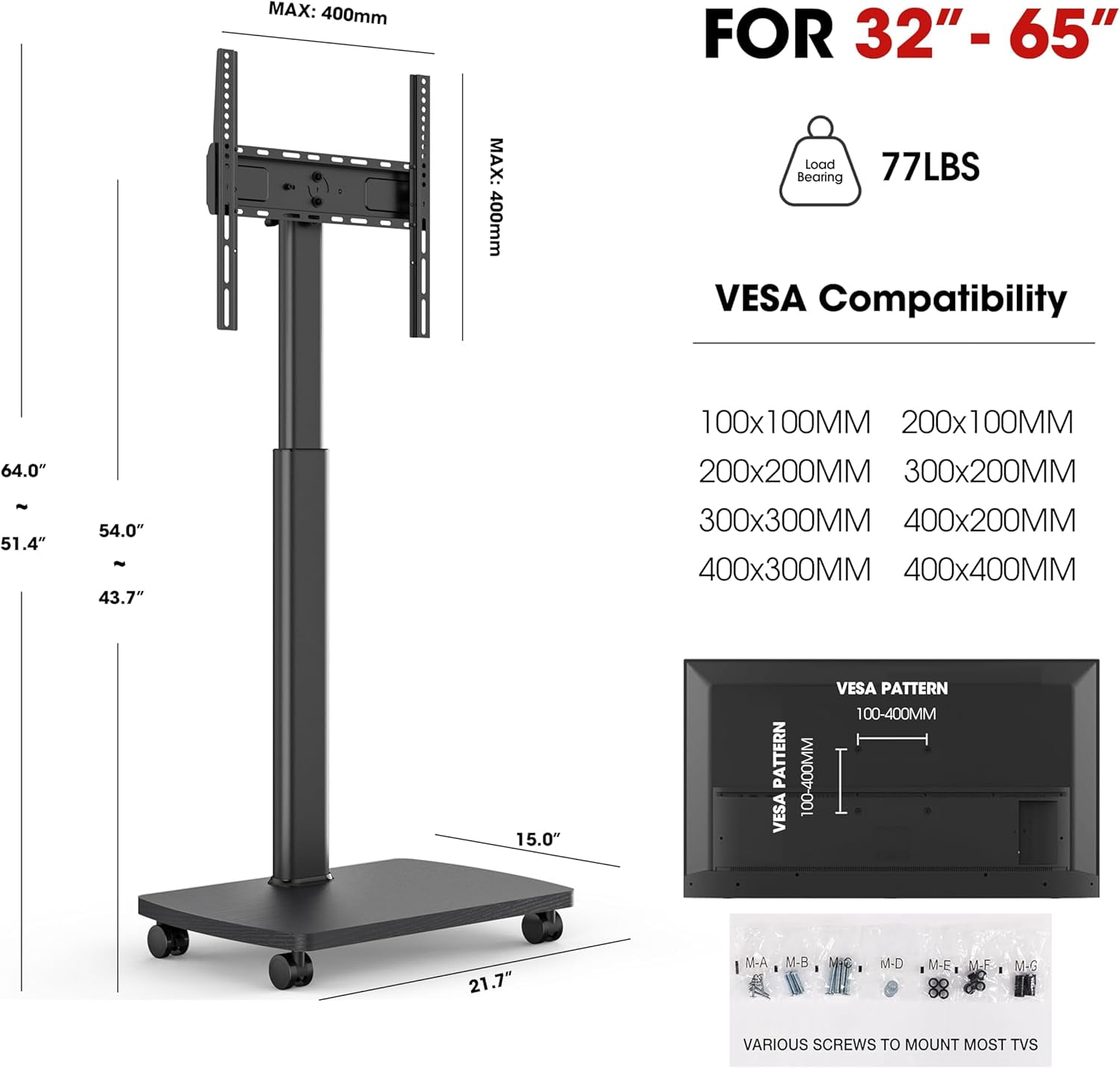 AOKCOS Rolling TV Stand for 32–65 Inch TVs, Black, Portrait/Landscape Rotation, Tilt