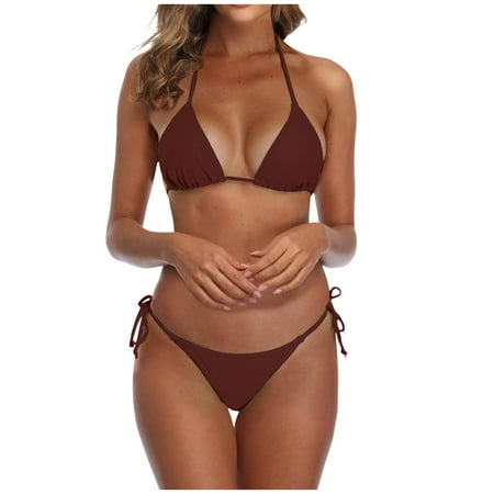 JIANJIA Swim Suits for Women Summer Solid Color Sexy Lace Up Halter Brassiere With Thongs Two Piece Brazilian Bikinis Swimwears Beachwear Brown L