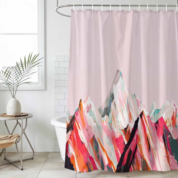 Bathroom Shower Curtain Snowy Mountain Pink Gradient Waterproof Shower Curtains with Hooks, Mountains Retro Oil Painting Art Bath Curtains Bathtub Curtain Home Decor 36x72in