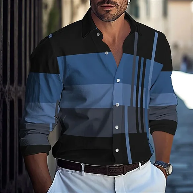 Camisa con botones y cuello con estampado de rayas creativas para hombre, moda informal de primavera y verano, manga larga, cómoda, para calle