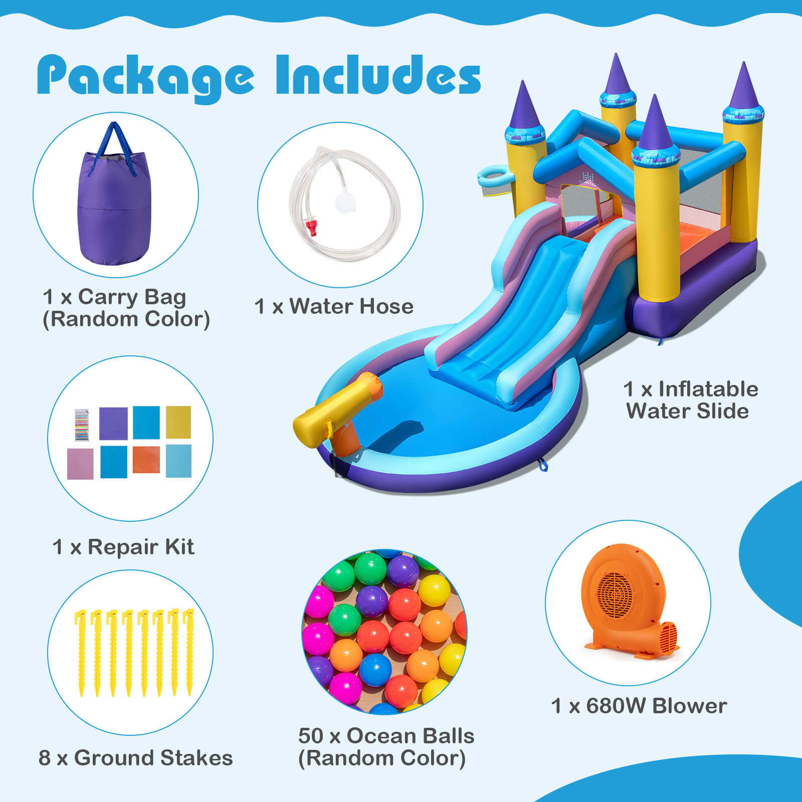 Infans Kids Inflatable Water Slide w/ Slide Splash Pool Water Cannon with 680W Blower