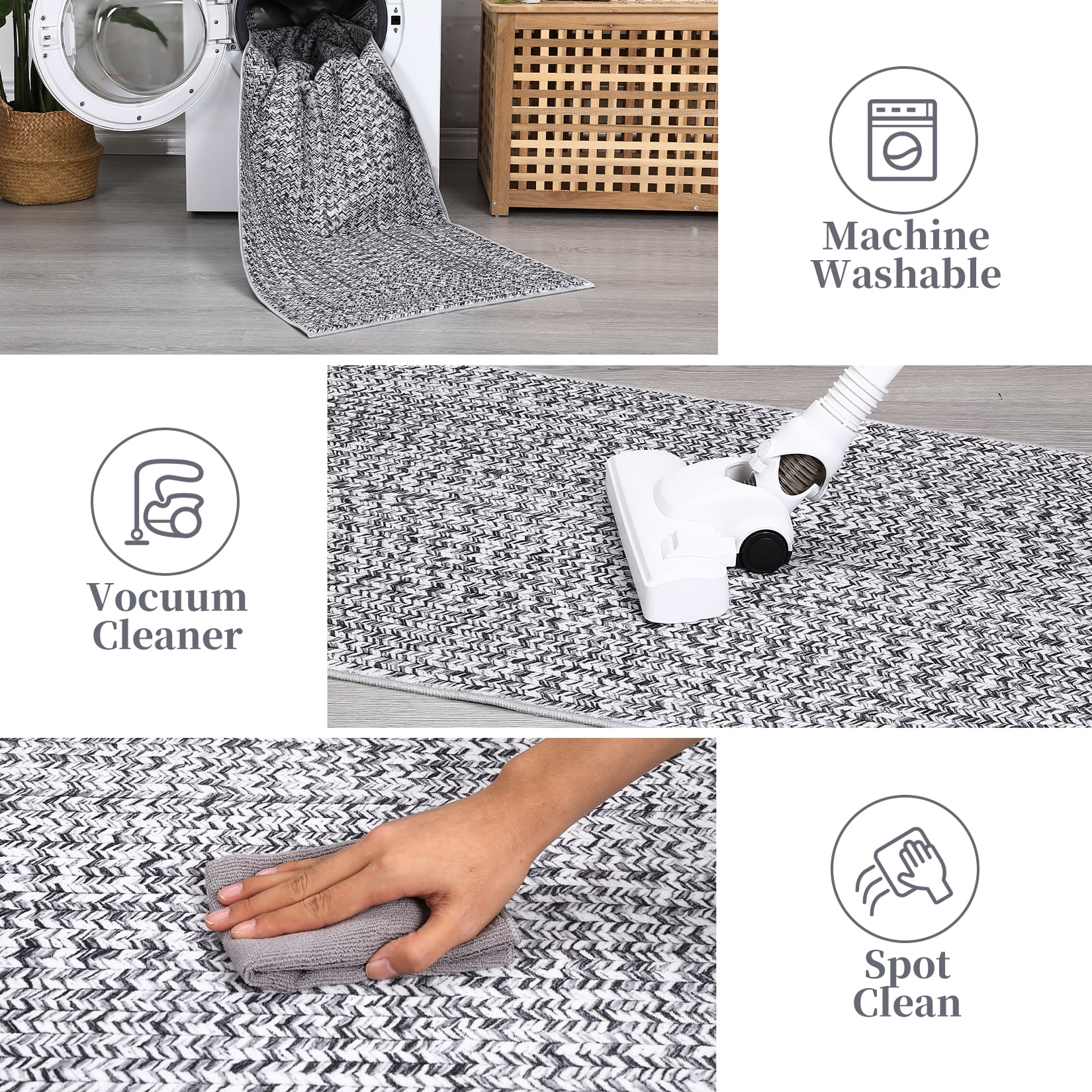 Haperlare Machine Washable Braided Rugs for Living Room Solid Woven Print Low Pile Soft Area Rugs Home Office Bathroom Rugs Grey Carpet,9'x12'