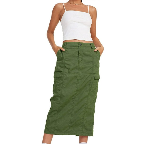 Gwiyeopda Long Cargo Skirts for Women Low Rise Split Hippie Baggy Midi