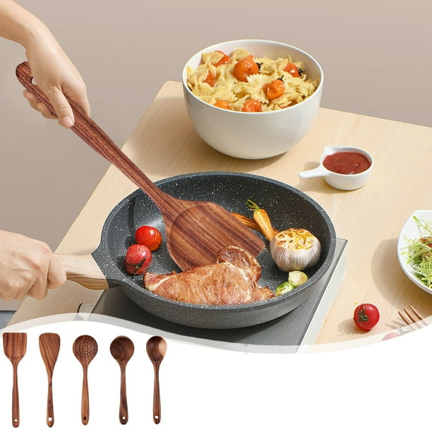 Aparatos de cocina, Accesorios de cocina, Utensilios de cocina, Herramienta de cocina 5 piezas Cuchara de madera Espátula Cuchara sopera Vajilla Juego de utensilios de cocina de madera Combinación de