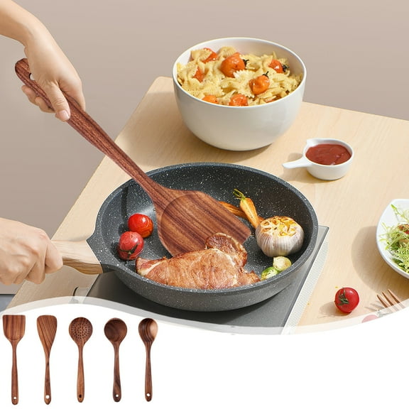 Kcavykas 5-Piece Wooden Kitchen Utensil Set, Spoons and Spatula, Durable Natural Wood Cooking Tools Gift