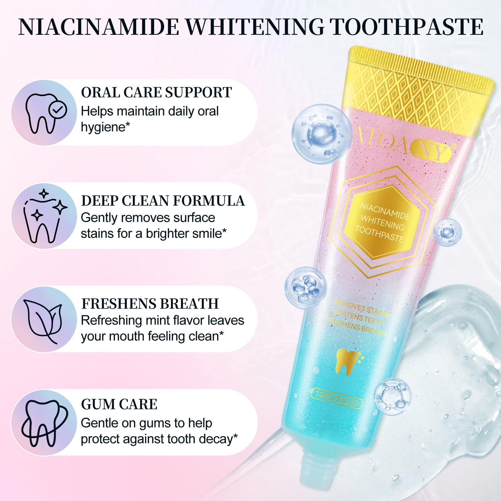 LusBeauty Whitening Toothpaste for Adults, Niacinamide Formula Removes Stains & Freshens Breath, Gentle on Enamel, 100g X 3Pack