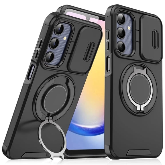 TJS Phone Case for Samsung Galaxy A16 5G, Privacy Camera Dual Layer Magnetic Ring Rotating Stand Protective Cover for Galaxy A16 5G (Black)