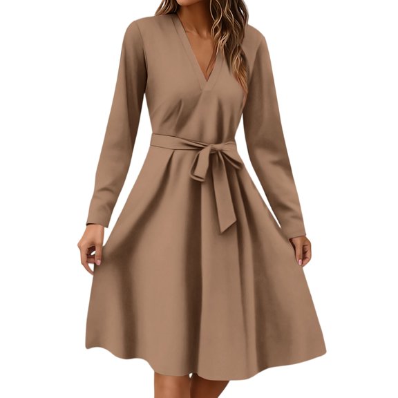 Xyxonk Women's Casual Dresses Long Sleeve Trendy Teacher Dress Fall V-Neck Dresses Tie Waist Business A-Line Solid Color Dress Brown 2XL