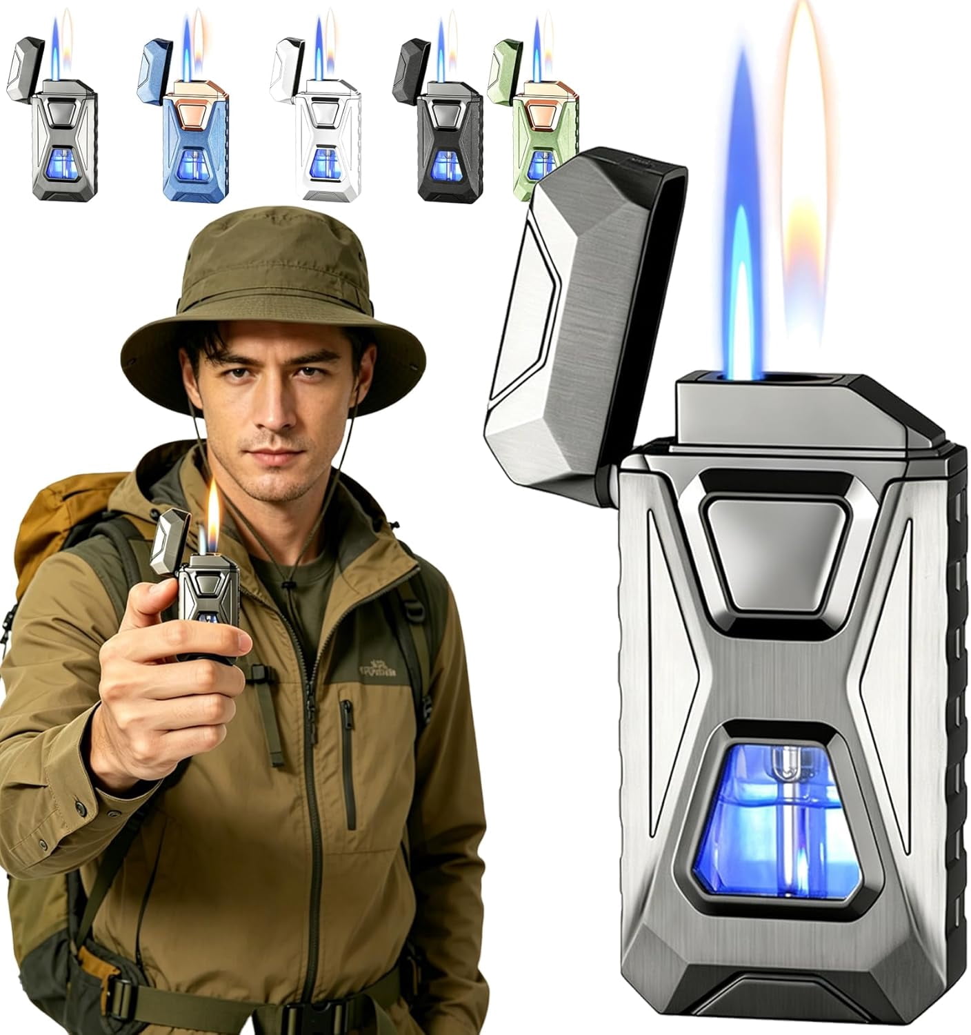 Voice Activated Lighter, Voice Activated Dual Flame Lighter (Butane Not Included) | USB Rechargeable Windproof Refillable with Visible Window (Green)
