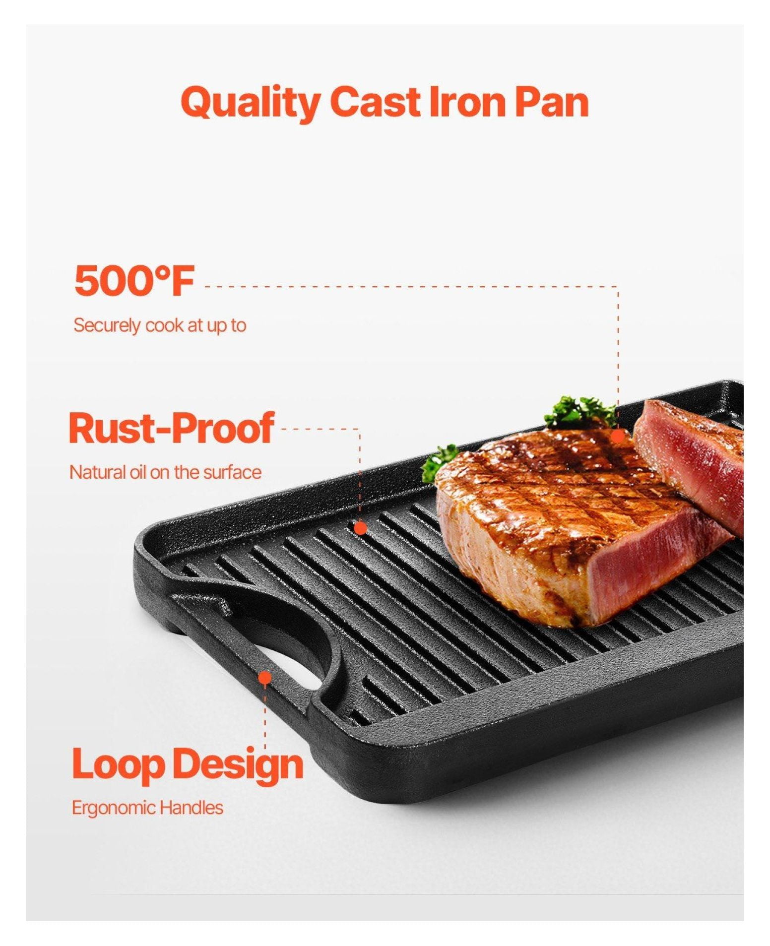Cast Iron Grill Griddle Reversible 14x8.5 Inch - Pre-Seasoned BBQ Pan for Stovetop, Gas, Electric - Indoor & Outdoor Cooking