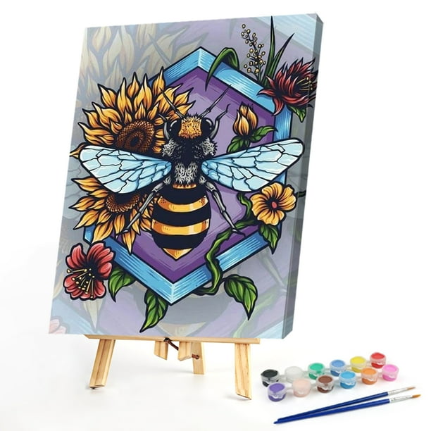 Cuadros Decorativos Kit de pintura al óleo sin marco de flores y abejas por números DIY Picture Art (S1116) Tmvgtek embutido en tela