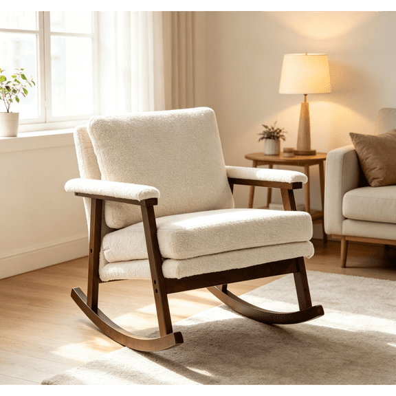 Mid Century Modern Rocking Accent Chair Solid Wood Frame Upholstered Reading Armchair for Living Room Bedroom Sunroom