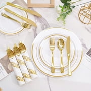 Daluvenix 350 Gold Plastic Dinnerware Set for 50 Guests, Gold Plastic Plates for Party, 50 Disposable Plates, 50 Dessert Plates, 50 Napkins with Silverware, 50 Cups