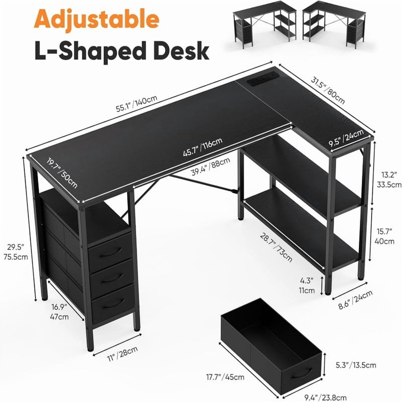 Kelno 55 Inch L Shaped Computer Desk with Power Outlets Adjustable Shelf 3 Fabric Drawer,Black
