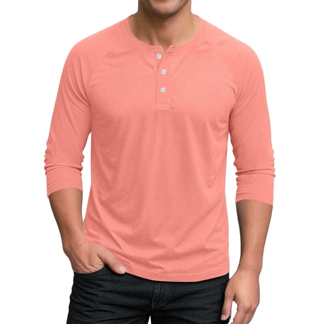 HAiming Men's 3/4 Sleeve Shirt Pullover Button Stretch T-Shirt Casual Sport Athletic Solid Color Basic Tee Tops