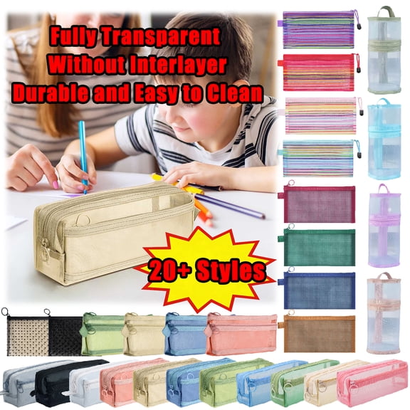 KTFgvq Clear Mesh Pencil Case, Large Capacity Pen Pouch with Colorful Stripe and Rainbow Zipper, Transparent Storage Bag for Exam Supplies, 8.93" x 4.72"