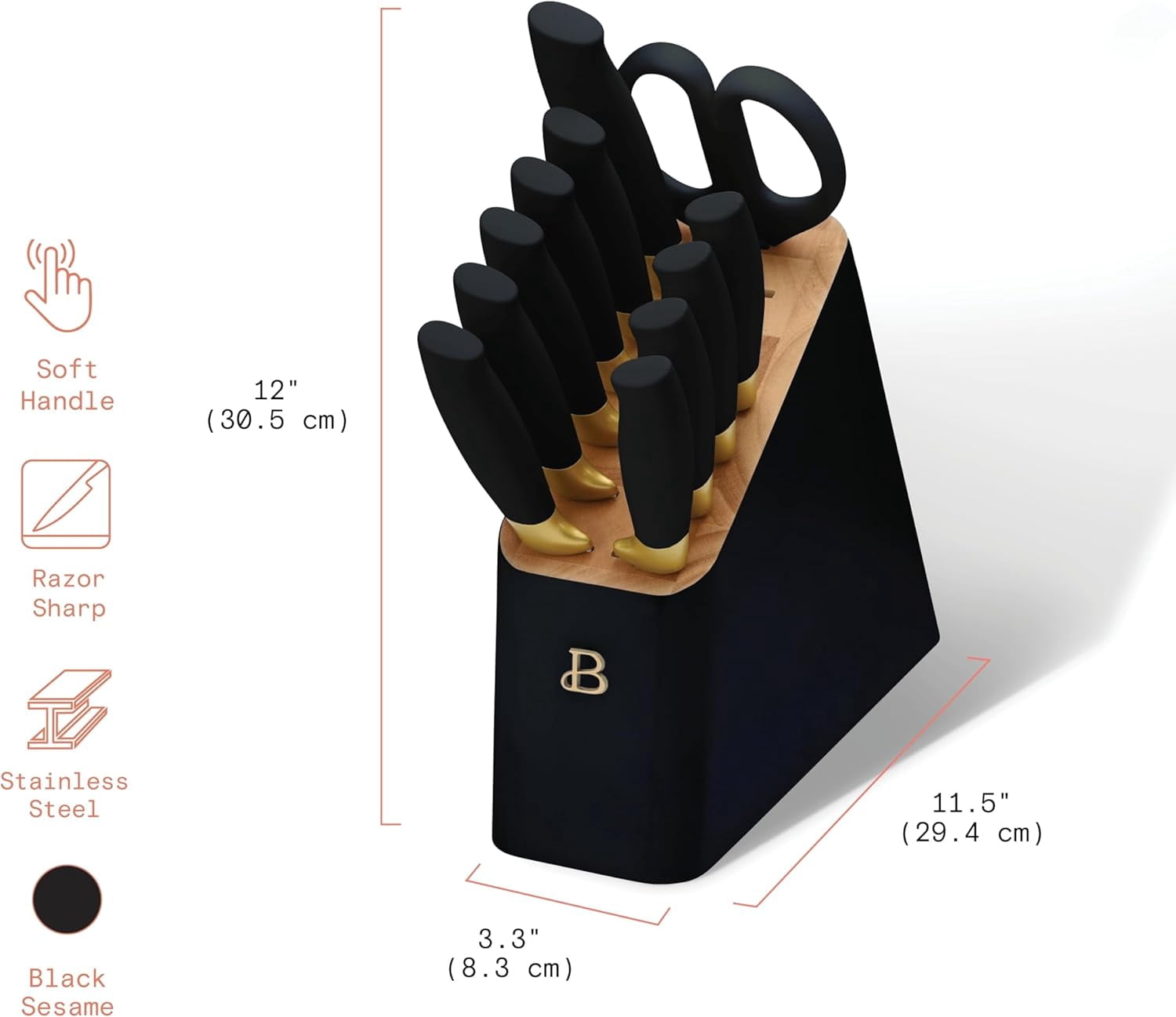 Beautiful 12 Piece Stainless Steel Knife Set Block Soft Grip Handles Black Sesame
