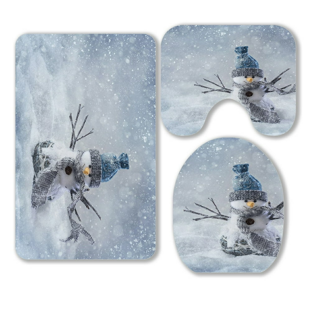 ECZJNT Smiling snowman standing in the snow 3 Piece Bathroom Rugs Set Bath Rug Contour Mat and