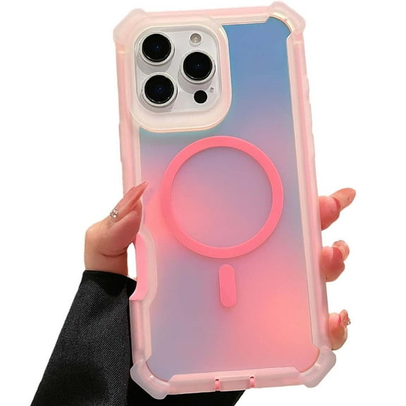 Dteck Magnetic Case for iPhone 16 Pro Max,Compatible with Magsafe, Shock-Absorbent Bumper Cute and Unique Fluorescent Holographic Iridescent Phone Cover,Pink