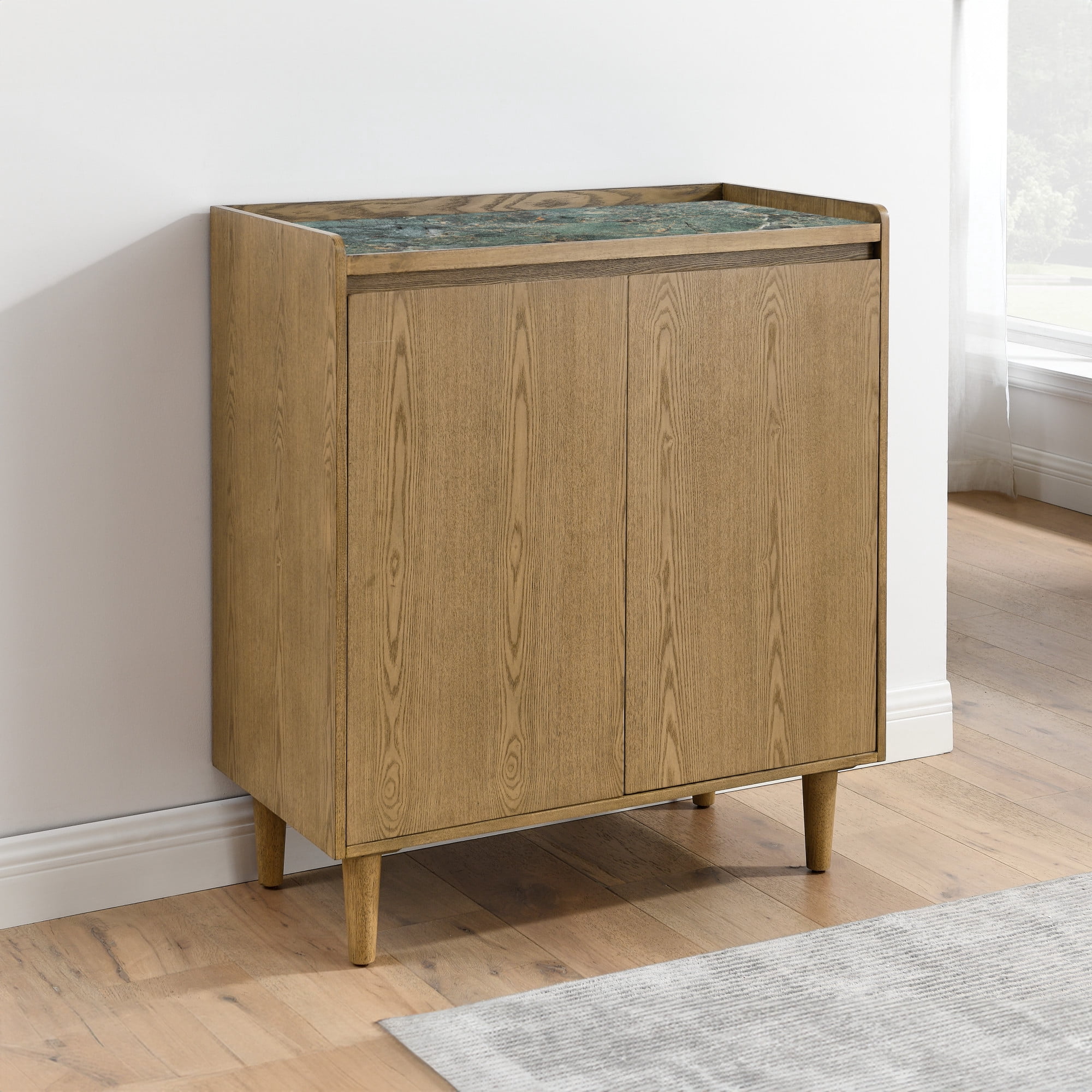 Steve Silver Novato Mid Century Modern 35" Sintered Stone Top Bar Cabinet, Light Chestnut