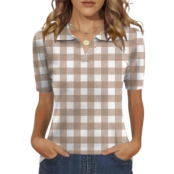 Trgacdwlo Plaid Golf Polo Shirt Women Collared V Neck Women's Short Sleeve Tops Summer Retro Boho Polo Shirts for Women Brown M