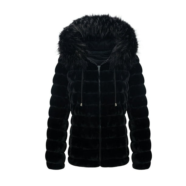 Fur Collar Fall And Winter Fashion 2021, Blue Vanilla Black Faux Fur Hooded Puffer Coat With Hood