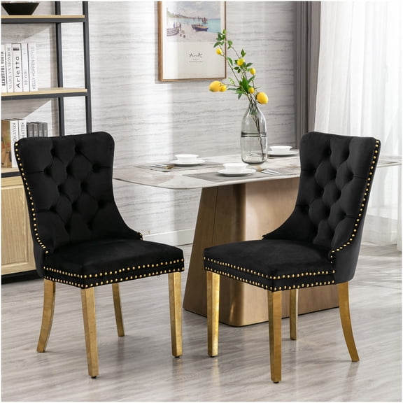 Modern Velvet Upholstered Dining Chair Set of 2 with Gold Metal Legs and Nailhead Trim