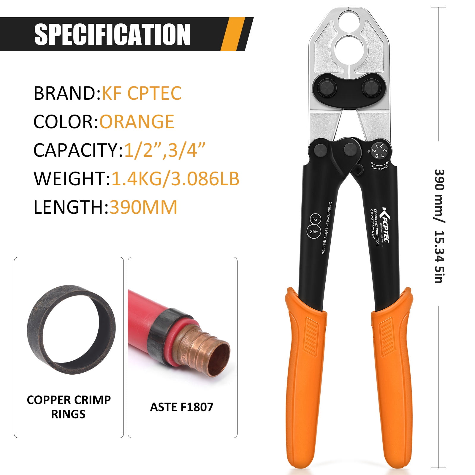 KF CPTEC 1/2'' & 3/4'' Combo PEX Crimping Tool for Copper Crimp Rings with Go/No-Go Gauge, Meets ASTM F1807 Standard, Durable Plumbing Tool