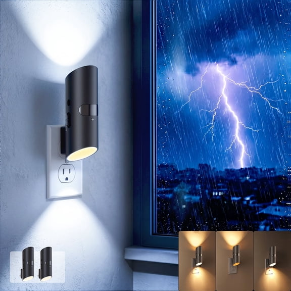 Dawnrise 2 Pack Plug in Power Failure Night Lights, Motion Sensor or Dusk to Dawn Sensor Optional, Adjustable up and Down Lights, Emergency Nightlights for Blackout, Hurricane