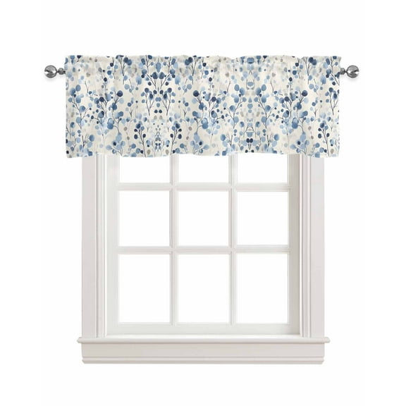 Blue Botanical Kitchen Valances for Windows Farmhouse Linen Window Valance Curtain for Living Room Window Treatment Country Spring Summer Floral Leaves Valance Rod Pocket Topper Drape, 54 x 18 Inch