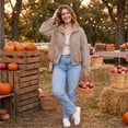thumbnail image 4 of Women's Plaid Stand Collar Cropped Jacket Long Sleeve Full Zip Loose Casual Lightweight Outerwear with Pockets, L, 4 of 6