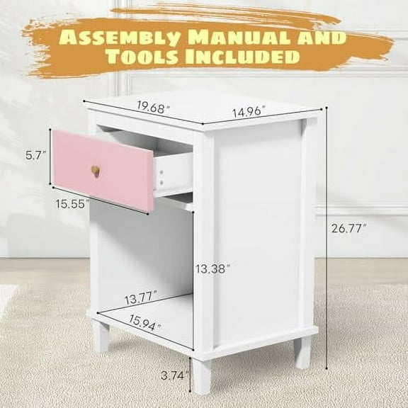 White Nightstand, Kids Bedside Table with Drawers & Open Wood Shelf, Modern Small Bedside Table with Solid Wood Legs, End Table for Living Room, Bedroom, Small Spaces, Easy Assembl