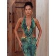 thumbnail image 5 of Womens Green Textured Halter Maxi Dress Deep V-Neck Cutout Backless, 5 of 6