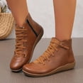 thumbnail image 2 of Puntoco Women's Round Toe Lace-Up Ankle Boots, Side Zipper Flat Thick Sole Casual Short Booties for Daily Brown 9, 2 of 9