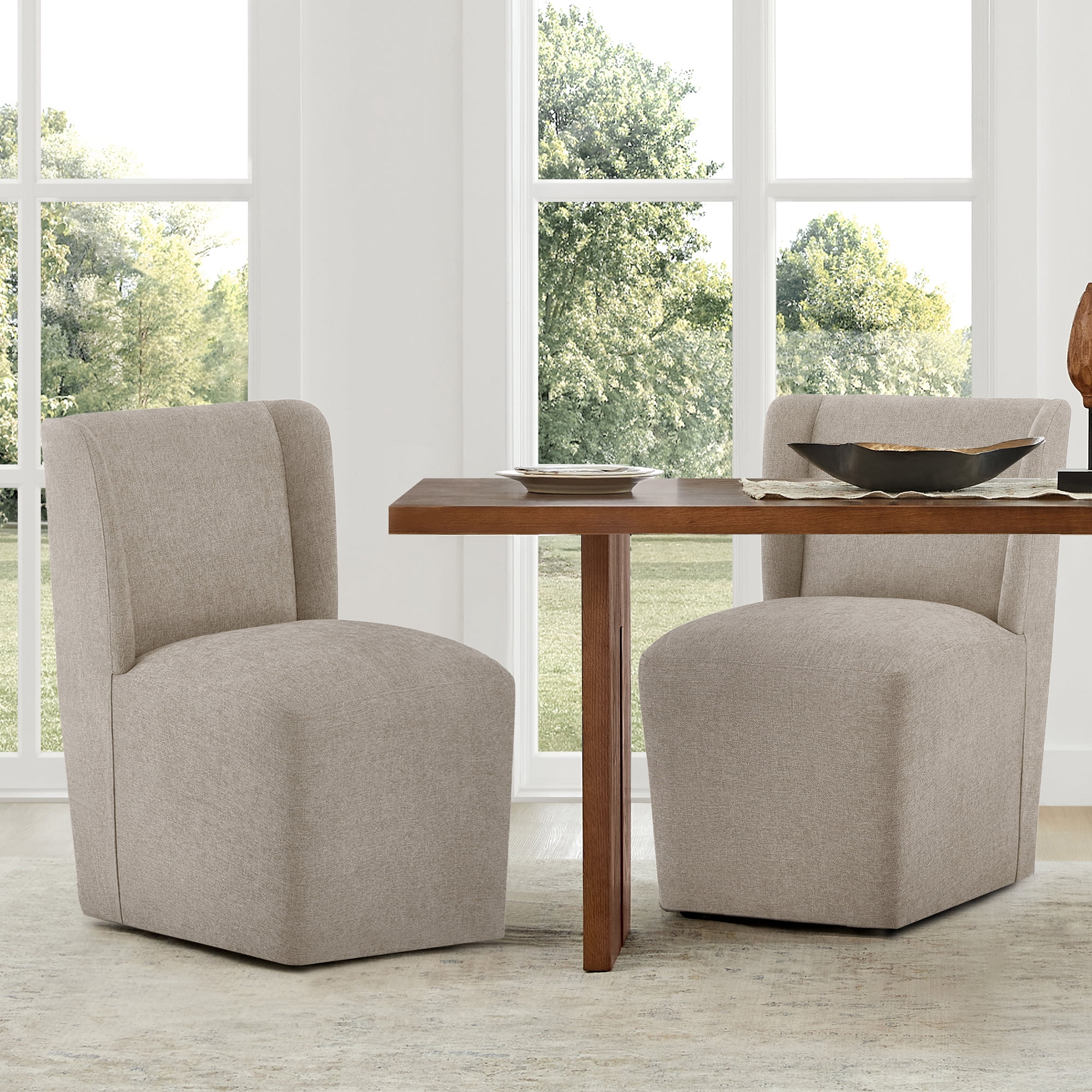Spruce & Spring Anywhere Upholstered Dining Chair with Hidden Detachable Casters, Stain-Resistant Linen-Look Fabric, Khaki