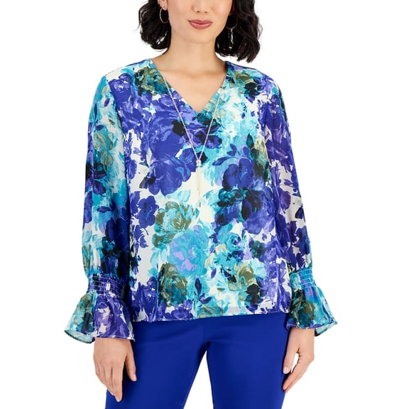 Plus Size Caludette Rose Smocked-Sleeve Necklace Top Modern Blue Combo 0X