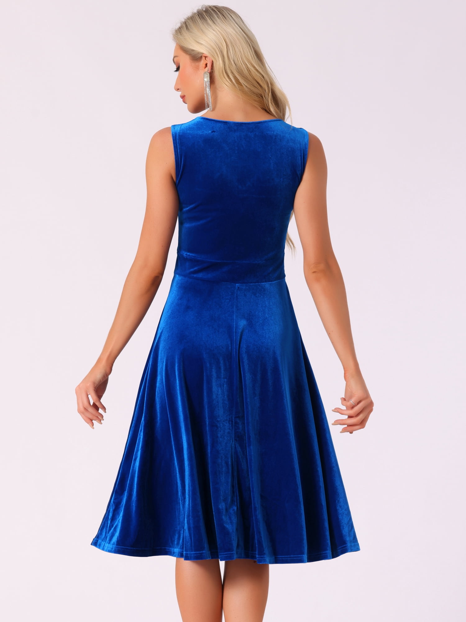DARING DIVA V Neck A Line Flowy Sleeveless Velvet Midi Dress L Royal Blue