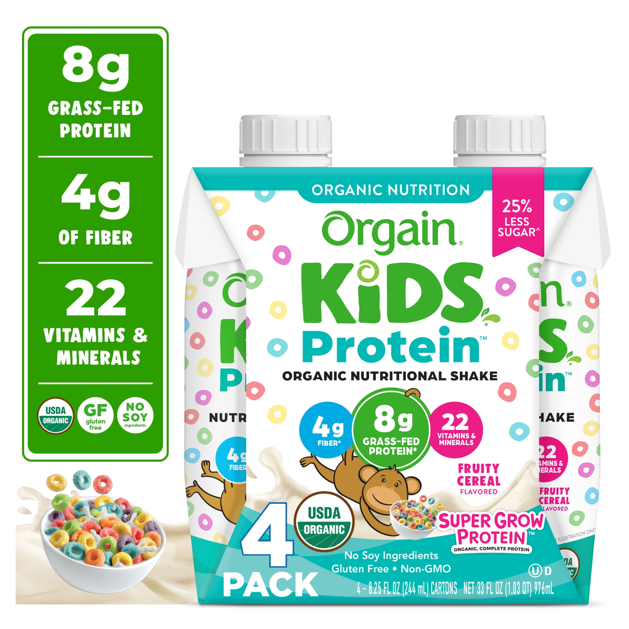 (6 pack) Orgain Organic Kids 8g Protein Nutritional Shake Drink, Fruity Cereal, 4ct