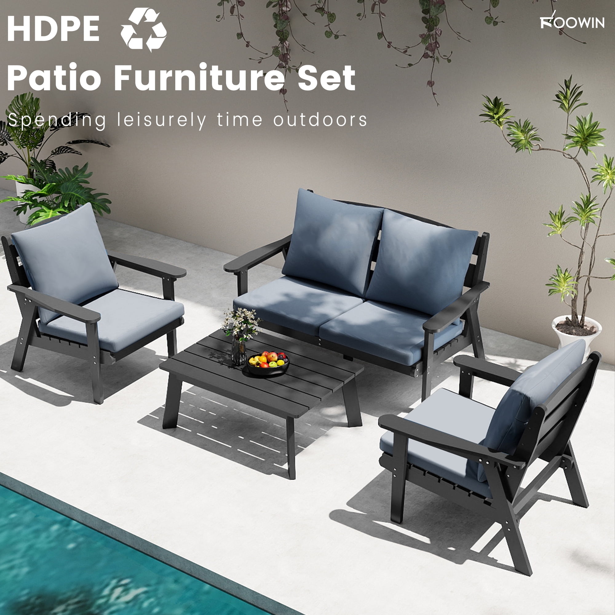 FOOWIN 4-Piece Patio Furniture Set, HDPE Outdoor Conversation Set with 4 Seating & Cushions, Perfect Patio Sofa Set for Garden, Porch, Backyard, Grey Frame with Grey Cushion