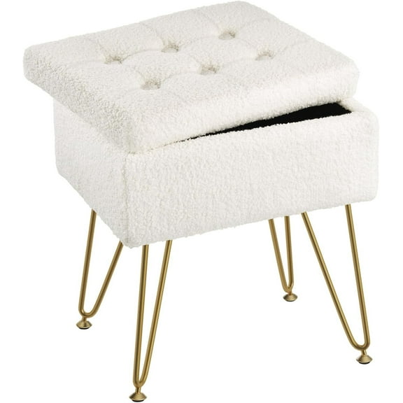 Vanity Stool Chair with Storage, Teddy Velvet Soft Ottoman, 4 Metal Legs with Anti-Slip Feet