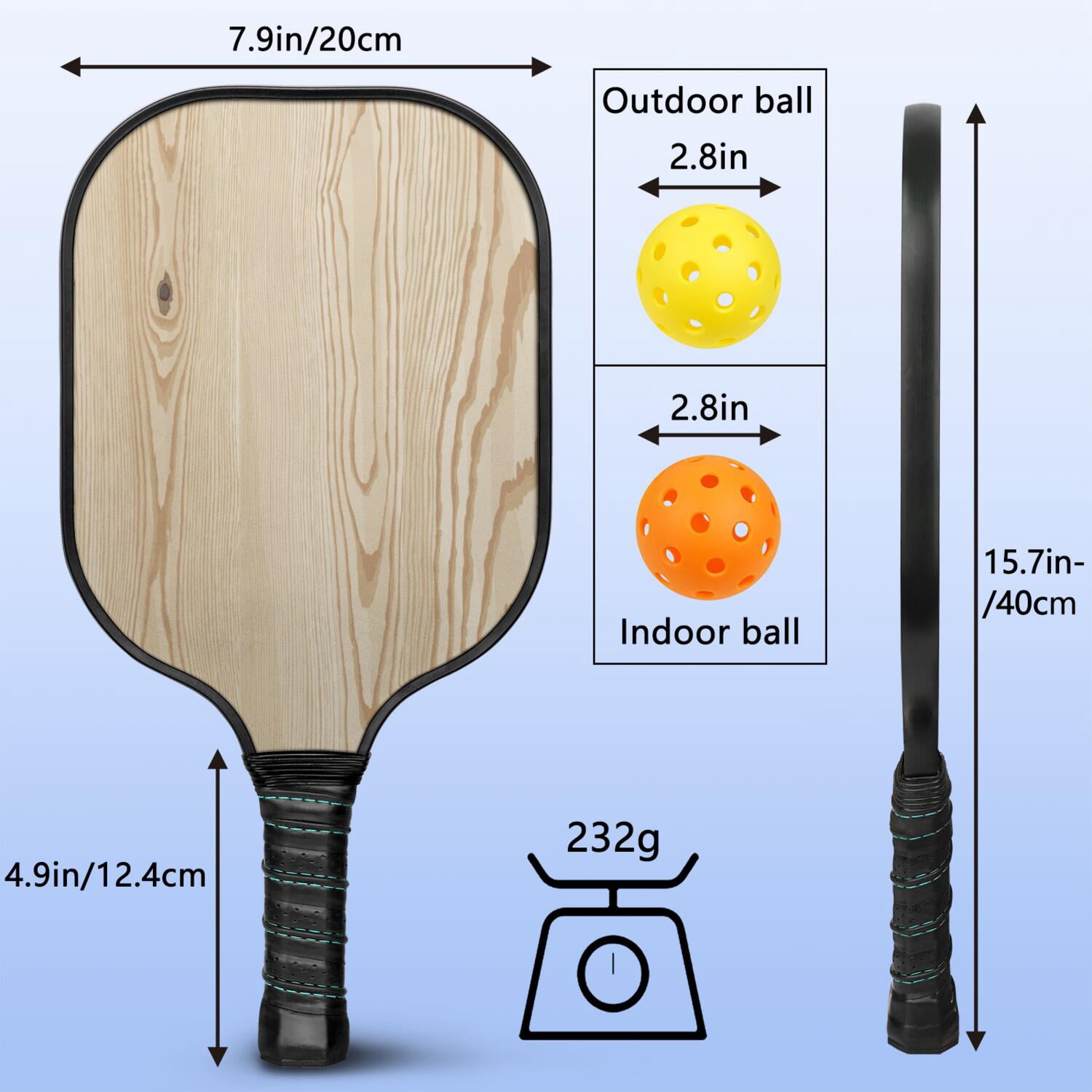 Pickleball Paddles Set Of 1, Fiberglass Surface, Wood Grain Print, 1 Paddle, 2 Balls & Bag