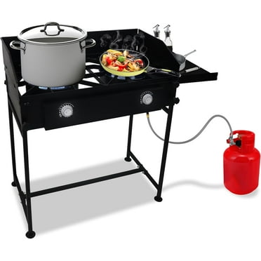 SONRET - Double Burner Propane Outdoor Camping Stove - with Side Shelf & Wind Panel