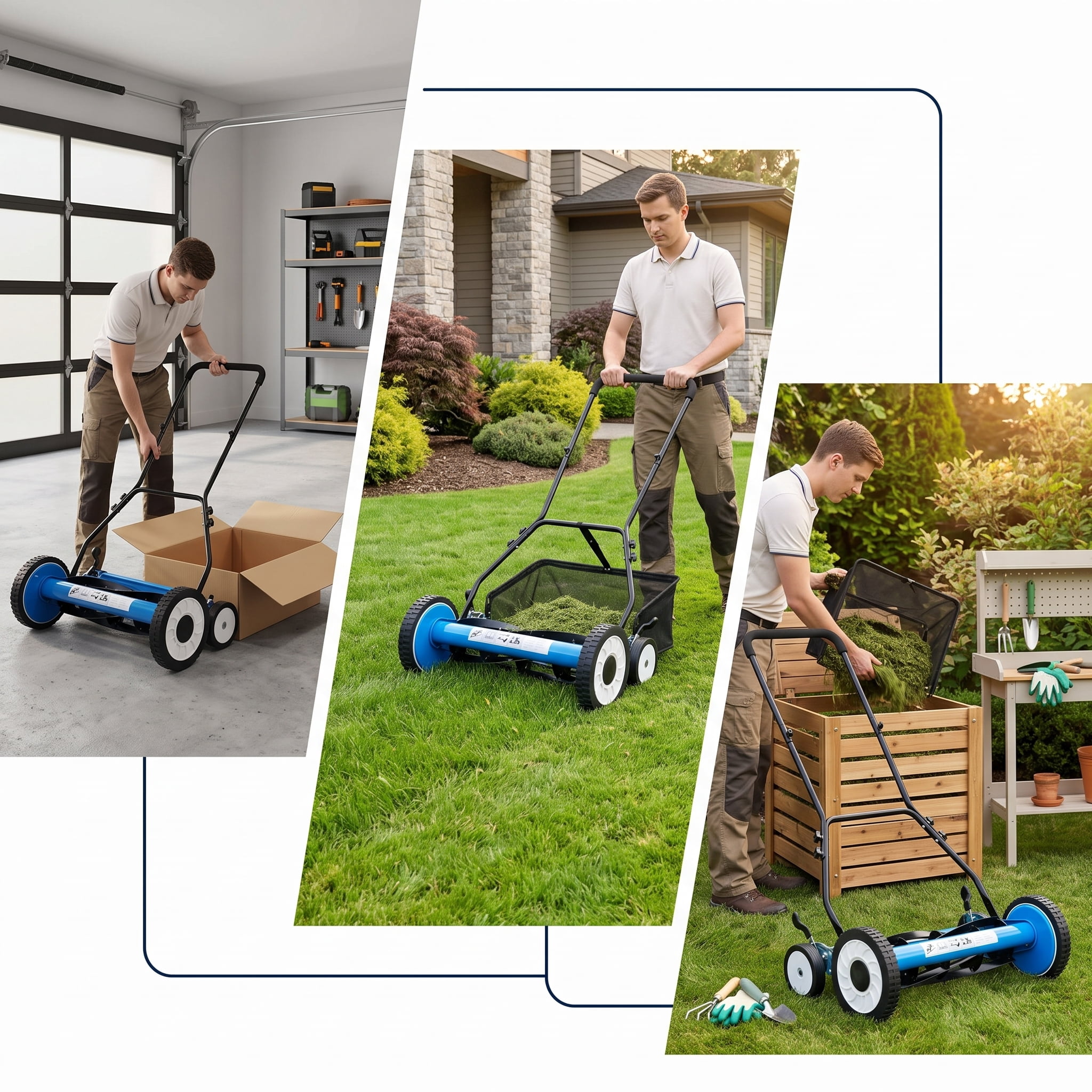 20in 5-Blade Push Reel Lawn Mower with Grass Catcher, 4 Wheels
